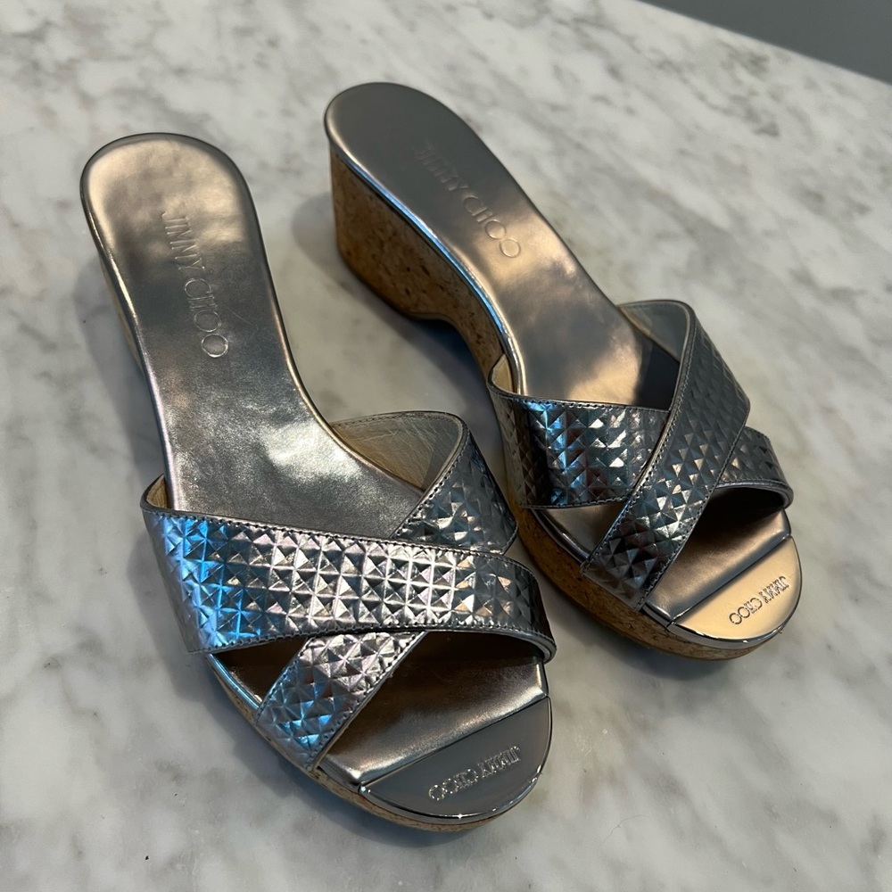 Jimmy Choo Metallic Silver Wedge Sandals